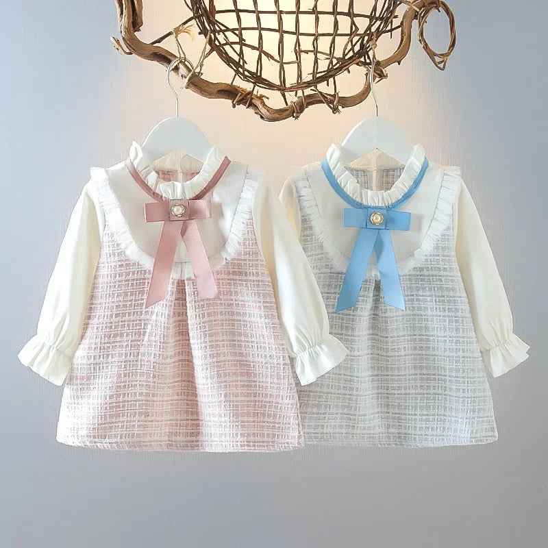 Baby Girl Autumn New Dress Bow Doll Collar Long Sleeved Princess Skirt Plaid Girls' Clothing