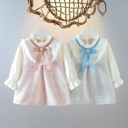 Baby Girl Autumn New Dress Bow Doll Collar Long Sleeved Princess Skirt Plaid Girls' Clothing