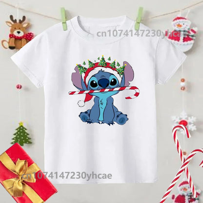 Merry Christmas Lilo Stitch Kids Tshirts Baby Holiday T-Shirt Tees Girls Party T Shirt with Clothes Kids Fashion Tops Tshirt