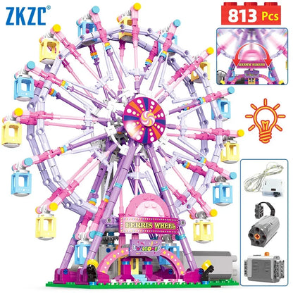 ZKZC Cherry blossom color City Friends Seven Colors LED Rotating Ferris Wheel Building Blocks Electric Bricks Toy Children Gifts