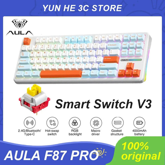 Aula F87 Pro Mechanical Keyboard Wired/2.4g Wireless/Bluetooth Hot Swap Rgb Gasket Pbt 87 Keys Customized Pc Gaminsg Keyboards