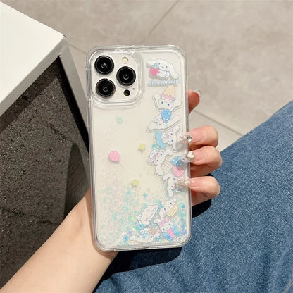 INS Kawaii Cinnamoroll Quicksand Bling Phone Case For iPhone 16 15 14 Pro Max 13 12 11 X XS Max XR Lovely Anti-drop Cover