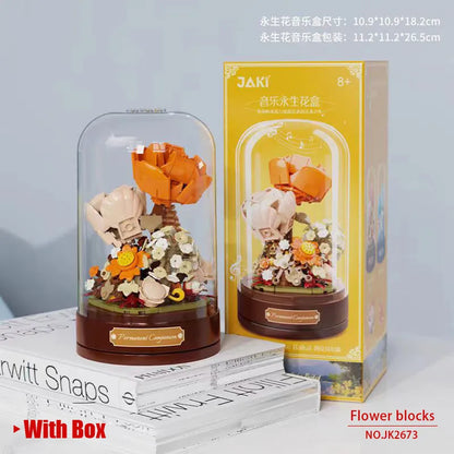 Jaki Building Block Flower Preserved Fresh Flower Rotating Music Box Rose Bouquet Assembled Toy Music Box Girl Gift