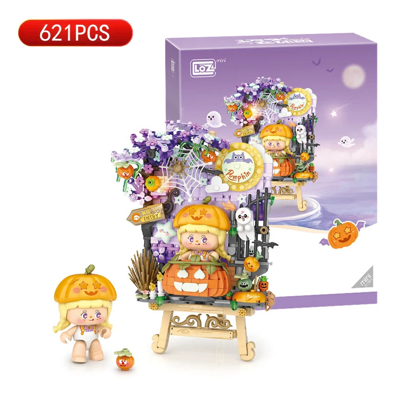 LOZ Mini Creative Pumpkin Fluorescence Easel Building Blocks Halloween Kitty Puzzle Assembly Toy Bricks Children Christmas Gifts