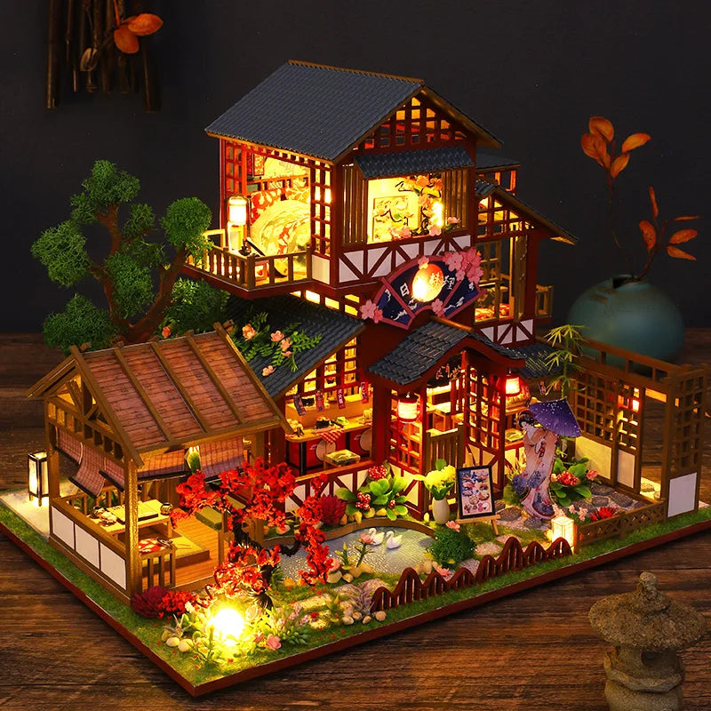 Diy Wooden Miniature Building Kit Doll Houses With Furniture Japanese Cuisine Casa Dollhouse Handmade Toys For Girls Xmas Gifts