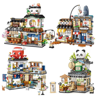 Street View Series Building blocks Izakaya Shaved Ice Shop Takoyaki Shop Coffee shop Panda Tea House model children's gift