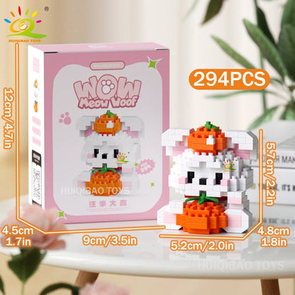 HUIQIBAO MINI Working Cat Pet Dog Micro Model Building Block Set Kids City Cartoon Animal Diamond Bricks Educational Toys Adult