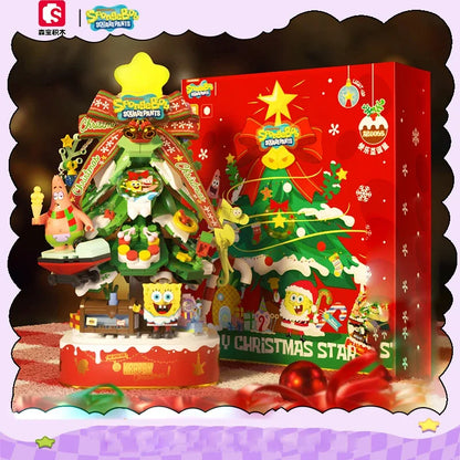 SpongeBob SquarePants Building Blocks Merry Christmas Tree Music Box Bricks Light Desktop Decoration Assembly Toys For Kids Gift