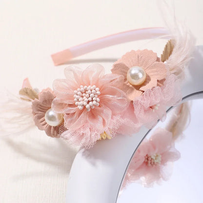 Handmade Head Flower Girls Headbands Baby Hairband Pearl Feather Wedding Princess Kids Dance Party Headwear Newborn Accessories