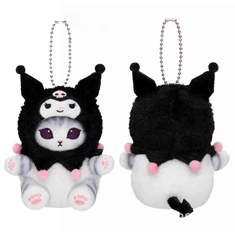 Kawaii Mofusand Cross-Dressing Hello Kitty & Kuromi Plush Keychains - 10-12cm Sanrio Anime Plush Dolls, Backpack Pendants