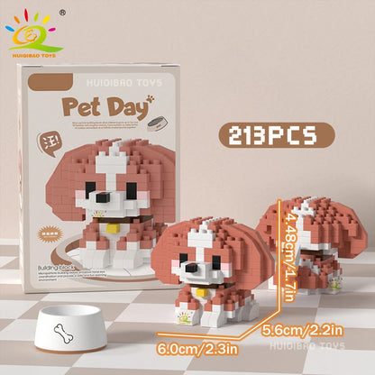 HUIQIBAO MINI Working Cat Pet Dog Micro Model Building Block Set Kids City Cartoon Animal Diamond Bricks Educational Toys Adult