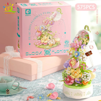 HUIQIBAO 575PCS Romantic Flower Lighting Music Box Building Blocks Home Decor Anime Creative Toy Child Adults Christmas Gifts