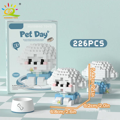 HUIQIBAO MINI Working Cat Pet Dog Micro Model Building Block Set Kids City Cartoon Animal Diamond Bricks Educational Toys Adult