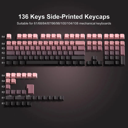 Black and Pink PBT Double Shot Keycaps Cherry Profile Side Print Shine Through Keycaps 136 Keys for MX Switches Gaming Keyboard