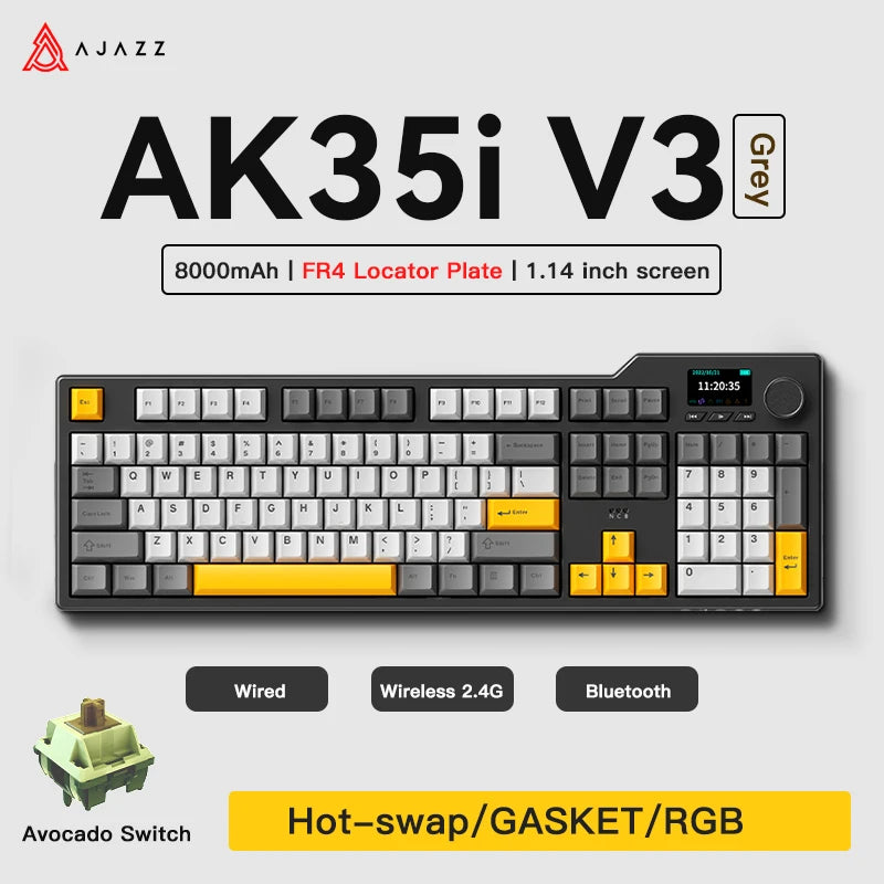 Ajazz AK35I V3 Tri-mode Wired Bluetooth Wireless Gaming Keyboard Gasket Structure Full Key Hot Swap 104 Keys Customized Keyboard