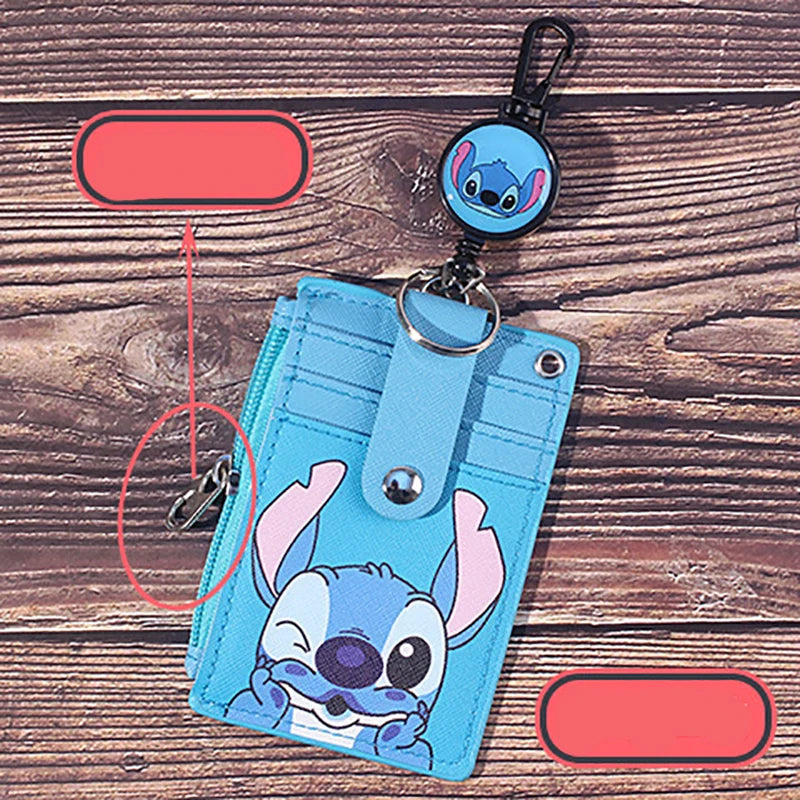 Disney Anime Mickey Hanging Neck Retractable Card Holder Campus Cartoon Stitch Id Card Shell Leather Case Bus Card Bag Gift