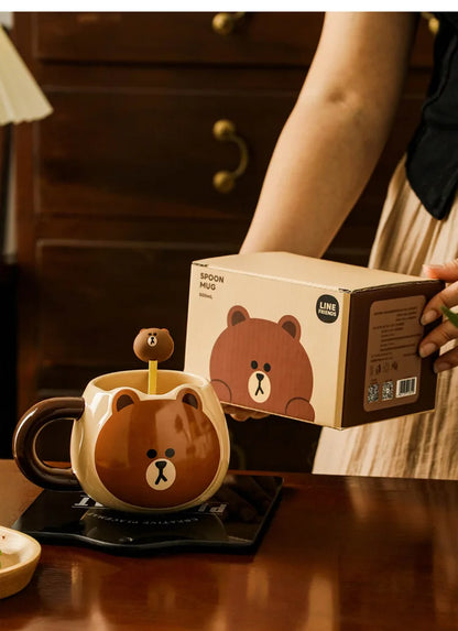 LINEFRIEND Brown Bear Big Belly Cup Ceramic Mug Cute Cartoon Breakfast Milk Coffee Cup Cup Spoon Set