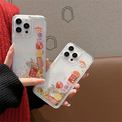 New 2024 Chinese Style For iPhone 14 15 Pro Max 16 Case Dynamic Quicksand Peace Auspiciousness Floating Elements in Phone Shells