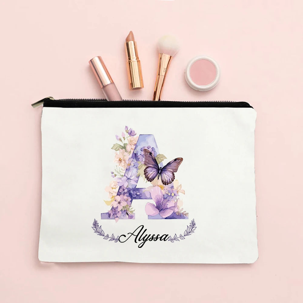 Personalized Initial with Name Makeup Bag for Women A-Z Cosmetic  Bags Girls Travel Toiletry Pouch Wedding Birthday Gift for Her