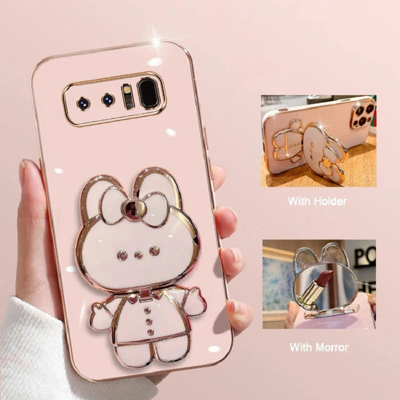 For Samsung Galaxy Note 8 Phone Case Soft Silicone Plating Cartoon Rabbit Fold Stand Makeup Mirror Bracket Cover