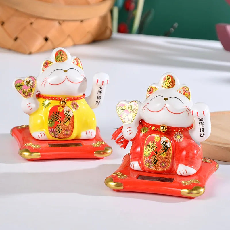 Solar Powered Lucky Cat Maneki Neko Home-Office Car Christmas Decoration Welcoming Chinese Lucky Cat Waving Hand Beckoning Decor