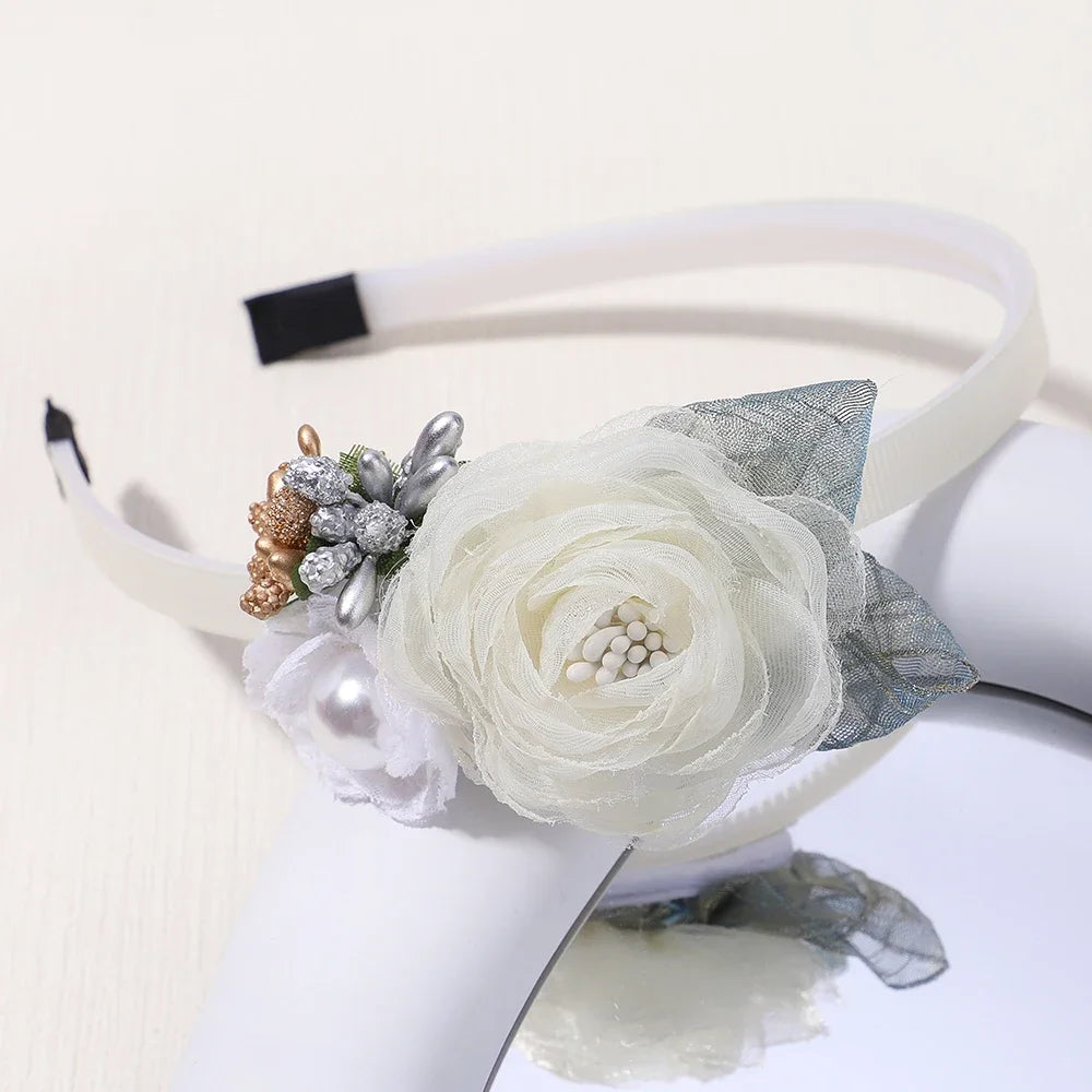 Handmade Head Flower Girls Headbands Baby Hairband Pearl Feather Wedding Princess Kids Dance Party Headwear Newborn Accessories