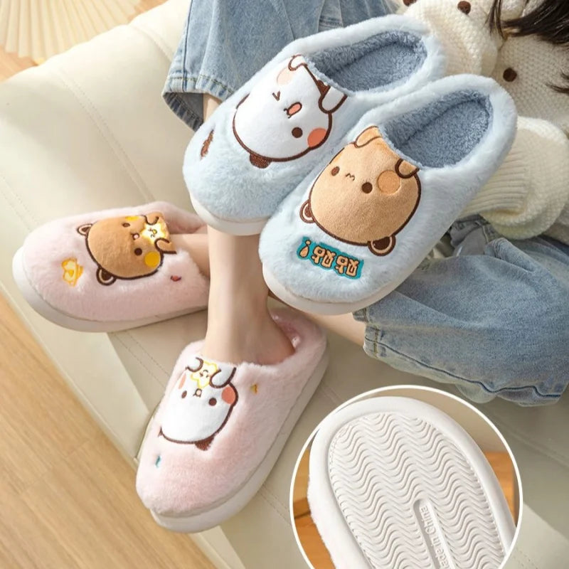 Anime Bubu Dudu Bear Plush Slipper Cartoon Couple Slippers Winter Leisure Home Outdoor Anti Slip Thick Bottom Cotton Shoes Warm