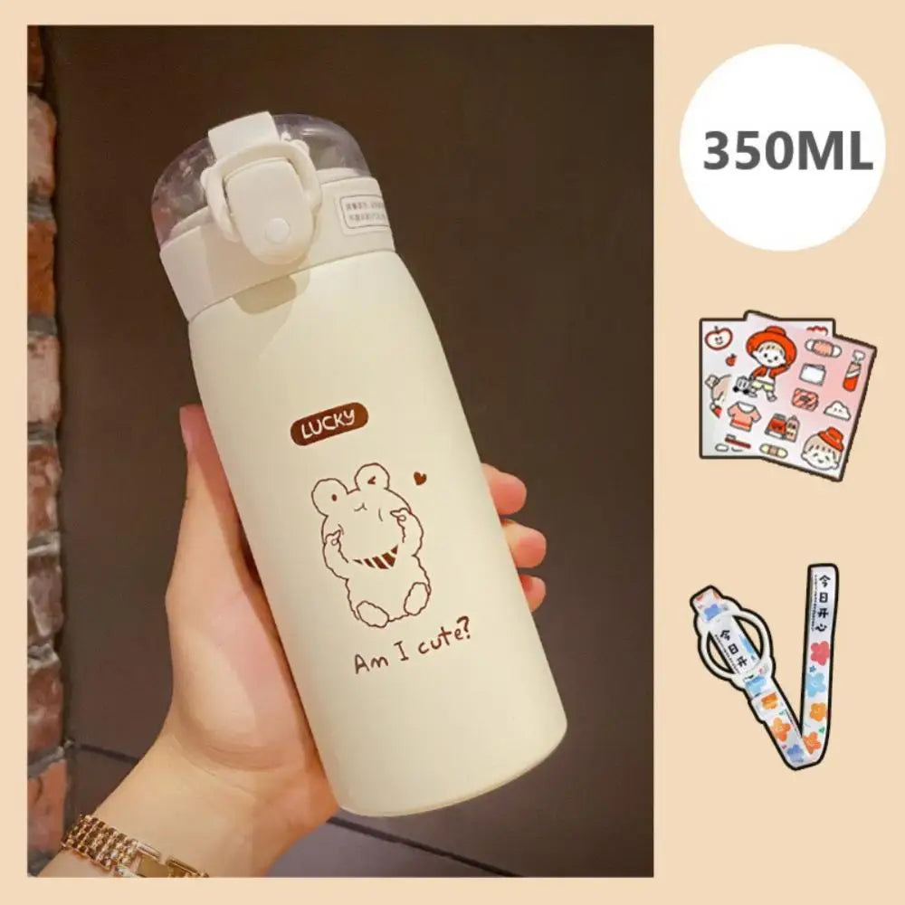 350ml/500ml Cute Water Bottle Thermos Cup Portable Kawaii Thermos Bottle with Straw and Stickers Kid Stainless Steel Thermal Mug