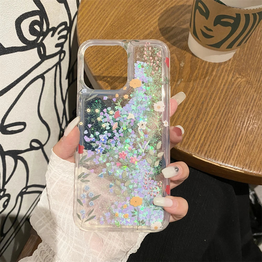 Flowers Glitter Liquid Quicksand Phone Case For iPhone 16 15 14 13 12 11 Pro Max Acrylic Cover Dynamic Sand Fundas Shell