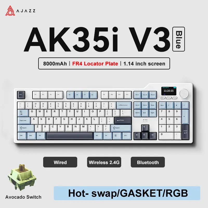 Ajazz AK35I V3 Tri-mode Wired Bluetooth Wireless Gaming Keyboard Gasket Structure Full Key Hot Swap 104 Keys Customized Keyboard