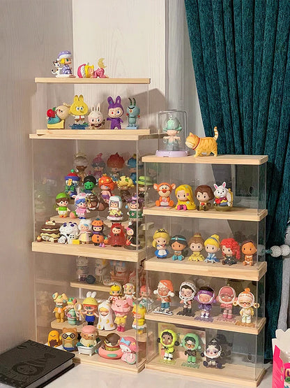 Wooden Display Box Blind Box Storage Box Acrylic Cartoon Doll Organizer Holder Figurines Case for Dimoo POP MART Collect