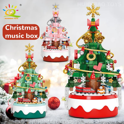 HUIQIBAO Children Mini Christmas Tree Santa Claus Music Box Model Micro Bricks Building Block DIY Bricks Toys for Adult Gift