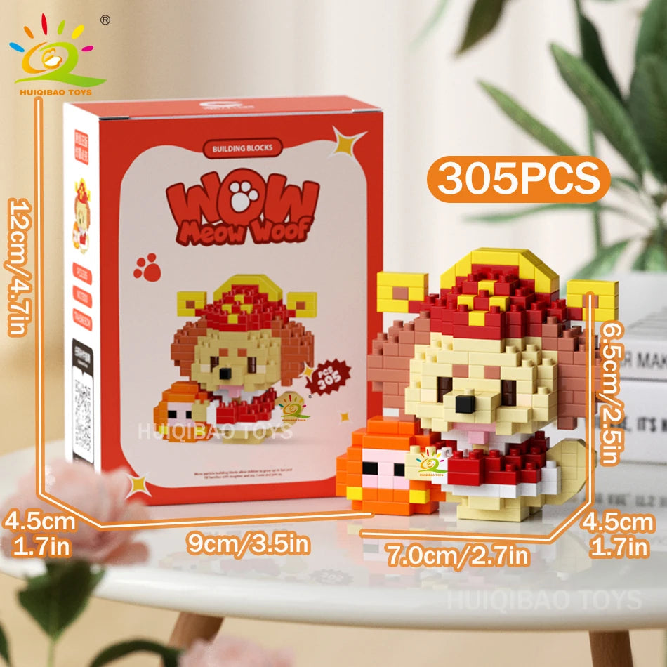 HUIQIBAO MINI Working Cat Pet Dog Micro Model Building Block Set Kids City Cartoon Animal Diamond Bricks Educational Toys Adult