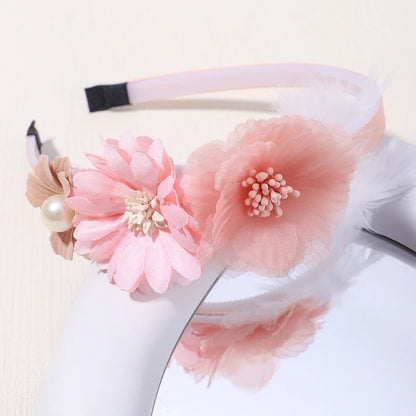 Handmade Head Flower Girls Headbands Baby Hairband Pearl Feather Wedding Princess Kids Dance Party Headwear Newborn Accessories