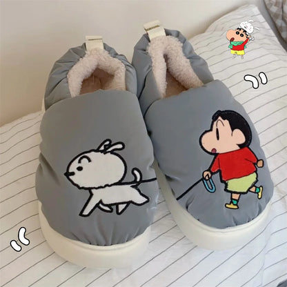 Crayon Shin-Chan Nohara Shiro Cartoon Winter Velvet Thickened Cotton Slippers for Girls Thick-Soled Root-Wrapped Home Shoes