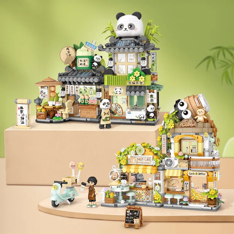 LOZ Creative Coffee Shop Building Block Mini Street View DIY Chinese Panda Tea House Puzzled Bricks Toys Sets For Kids Girl Gift