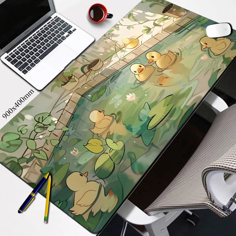 Duck Butts in Pond Desk Mat Aesthetic Cute Duck Lofi Mouse Pad Kawaii Green Deskmat Adorable Chibi Blue Gamer Girl Desk Mat XXL