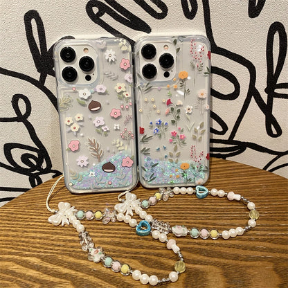 Silicone Bling Glitter Clear Phone Case For iPhone 16 15 14 13 12 Pro Max 11 Dynamic Liquid Quicksand Cover Flowers Pattern