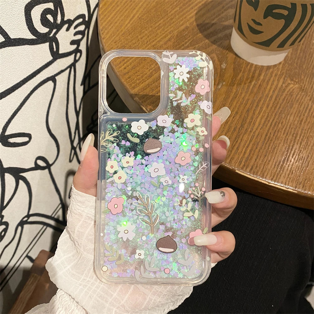 Silicone Bling Glitter Clear Phone Case For iPhone 16 15 14 13 12 Pro Max 11 Dynamic Liquid Quicksand Cover Flowers Pattern