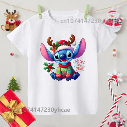 Merry Christmas Lilo Stitch Kids Tshirts Baby Holiday T-Shirt Tees Girls Party T Shirt with Clothes Kids Fashion Tops Tshirt