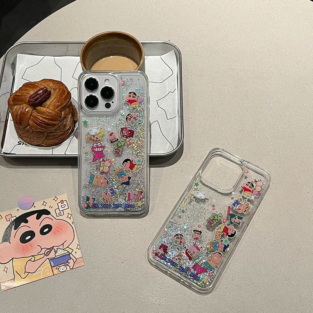 Anime Cartoon N-Noharas Shinnosukes Luxury Quicksand Phone Case for IPhone 15 14 13 12 11 Pro Max Transparent Back Cover Funda