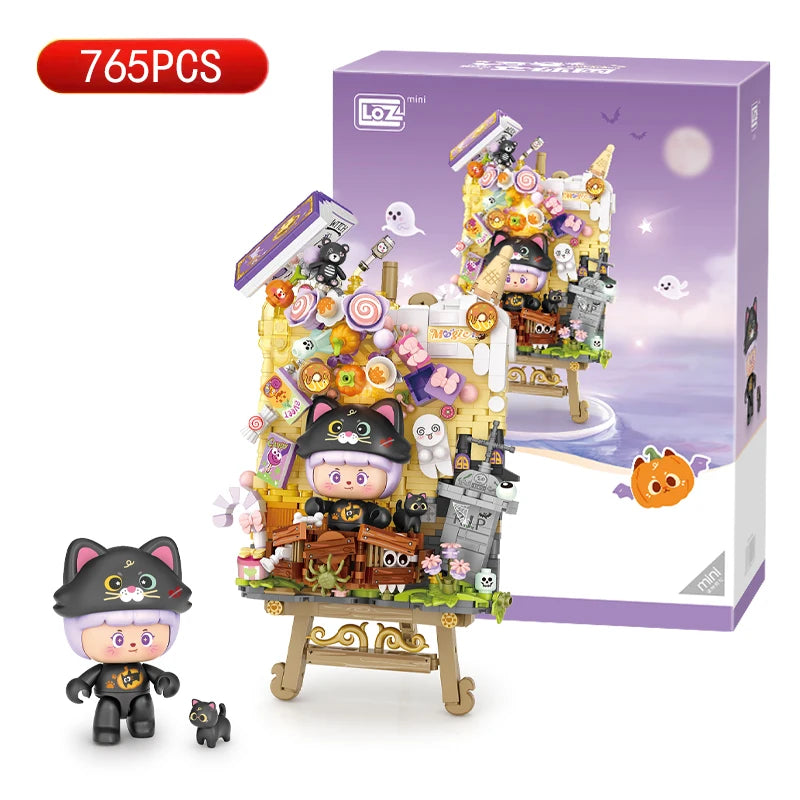 LOZ Mini Creative Pumpkin Fluorescence Easel Building Blocks Halloween Kitty Puzzle Assembly Toy Bricks Children Christmas Gifts