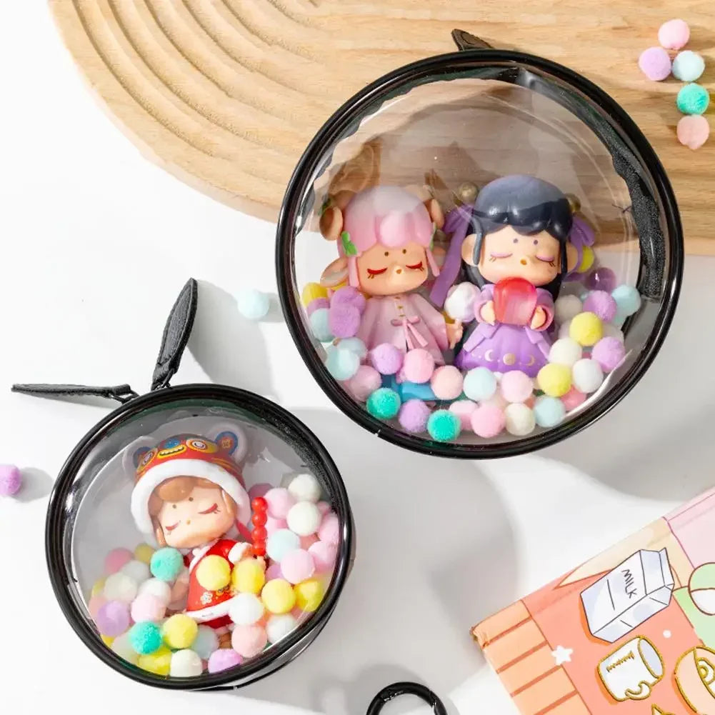 Round Portable Transparent PVC Doll Organizer Box Keychain Chain Bag Mystery Toy Boxes Double Zipper Pouch for popmart (no doll)