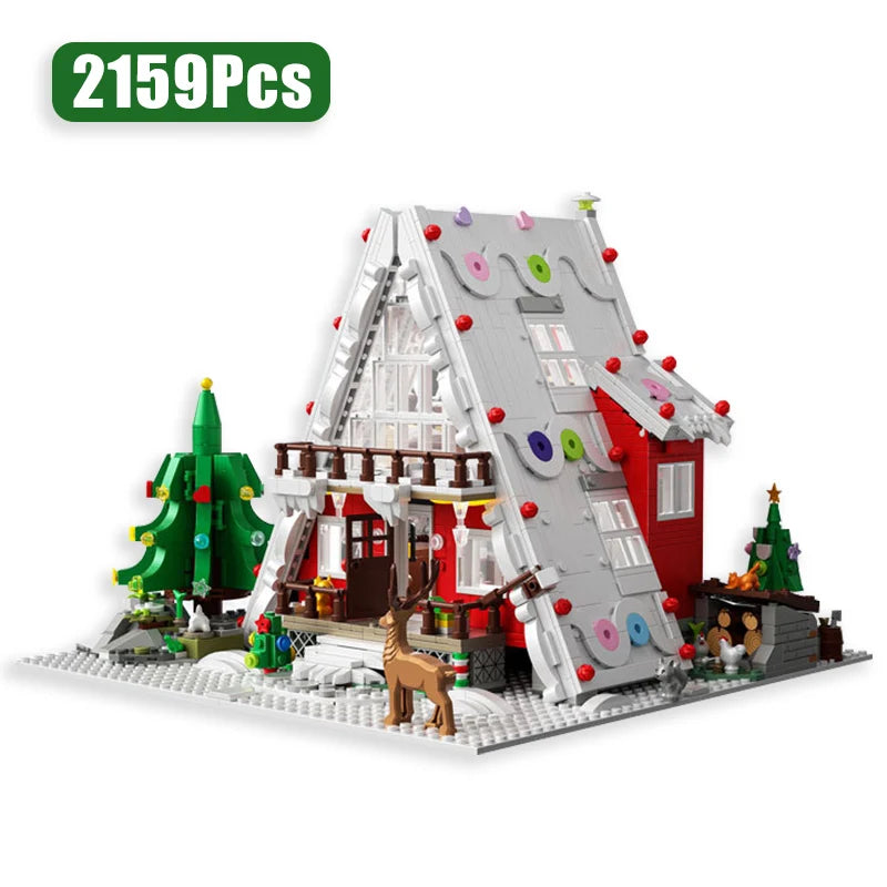 Creative 2159Pcs Christmas Tree Winter Village House With Lights Model Building Blocks MOC Snow Hut Mini Bricks Toys Xmas Gifts