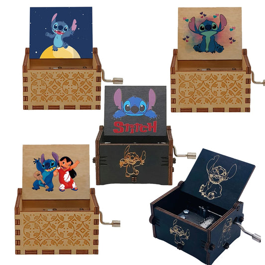 Disney Stitch Music Box Cute Cartoon Wooden Vintage Hand-Cranked Musical Box Children Presents Birthday Christmas Gifts