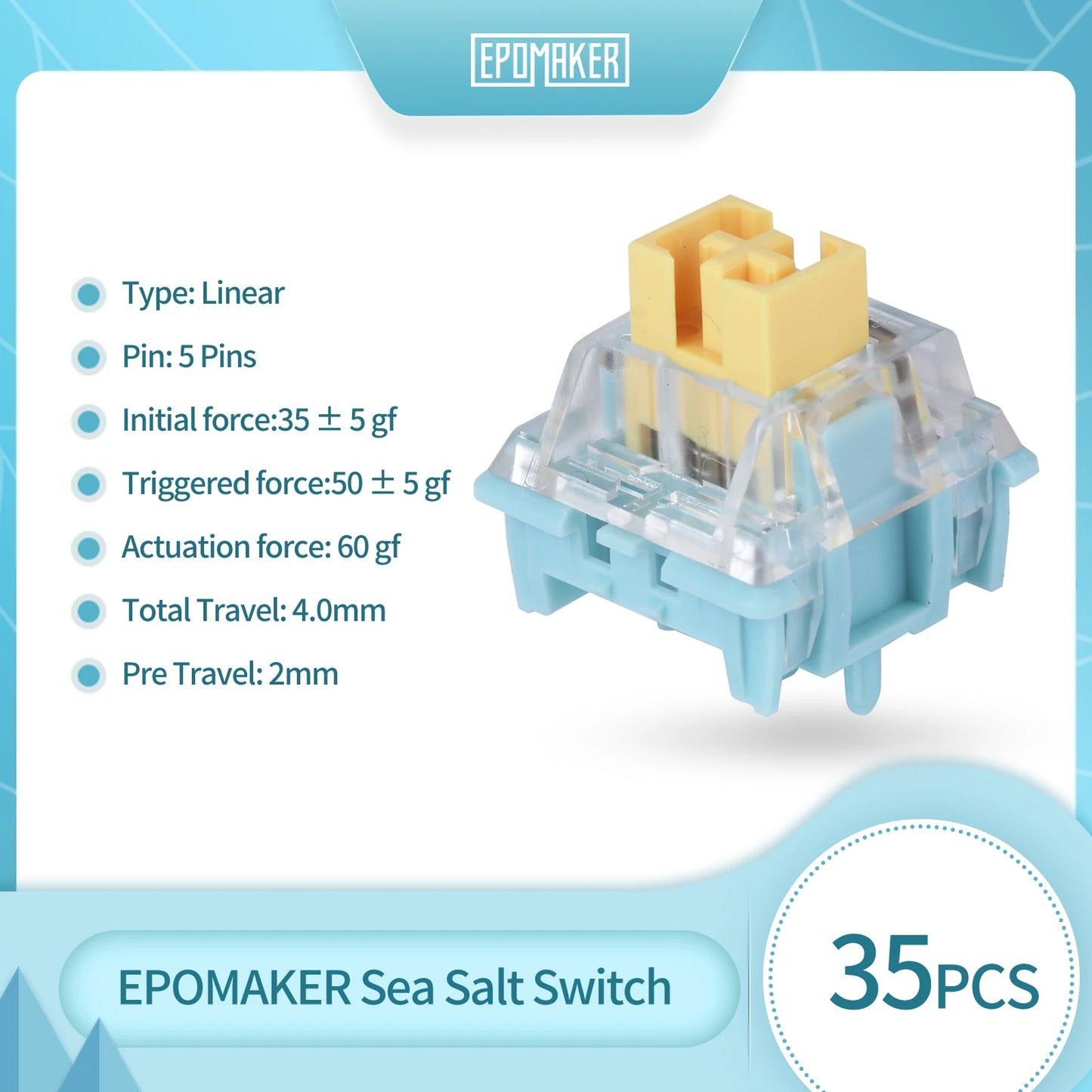 35 Pieces EPOMAKER Sea Salt Silent Switches Pre-Lubed Linear Switch LED Slot 50g for Customizing DIY Mechanical Keyboard