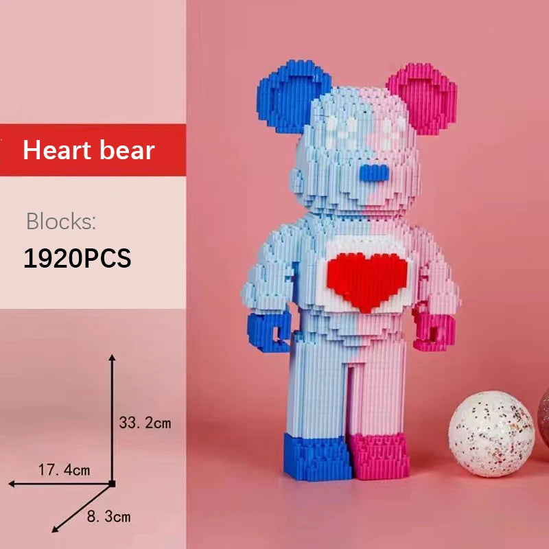 DIY Kids Toys Cartoon Mini Love Violent Bear Bearbrick Model with Light Building Block Micro Bricks Christmas Birthday Gift