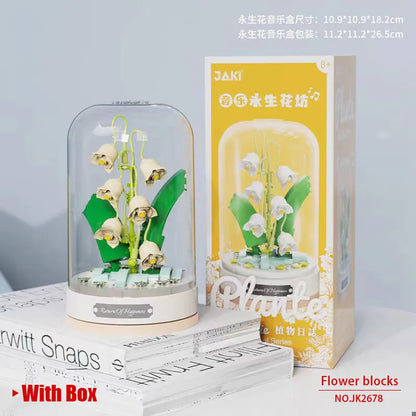 Jaki Building Block Flower Preserved Fresh Flower Rotating Music Box Rose Bouquet Assembled Toy Music Box Girl Gift