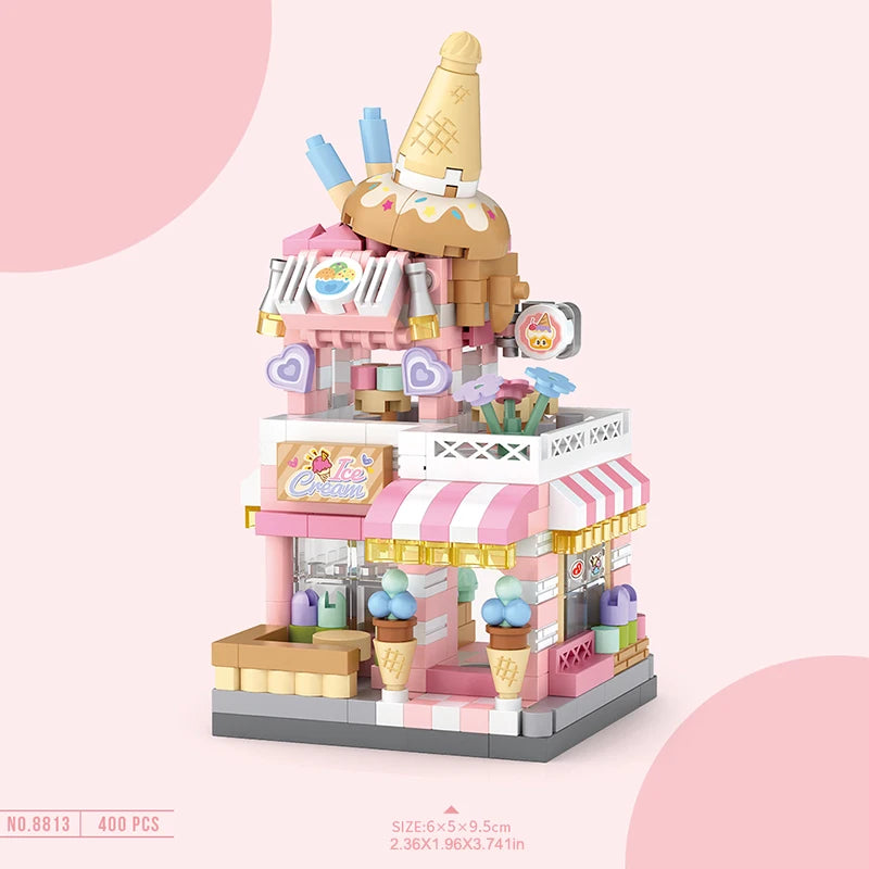 City Street View Building Block Set DIY Ice Cream Coffee Flower Shop Model Building Toy Ideal for Home Decor and Holiday Gifts