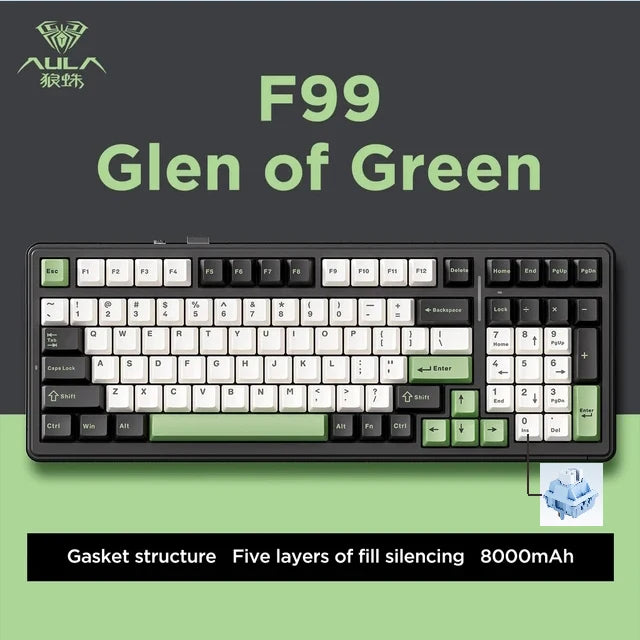 Aula F99 Gaming Mechanical Keyboard Three Mode 2.4g Wireless Bluetooth Wired Hot Swap PBT Gasket RGB For Games Typing 99 Keys